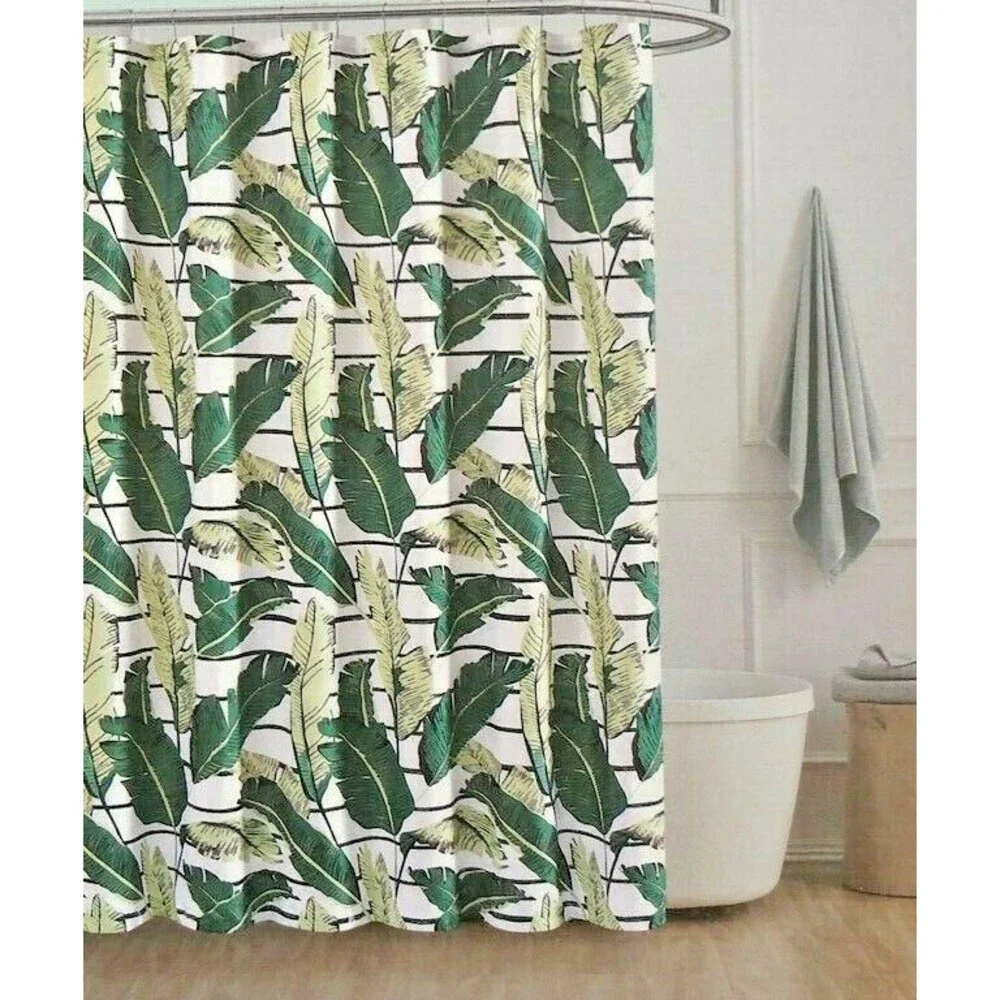 Palm Leaves Fabric Shower Curtain Beach House Green White Tropical 70x72
